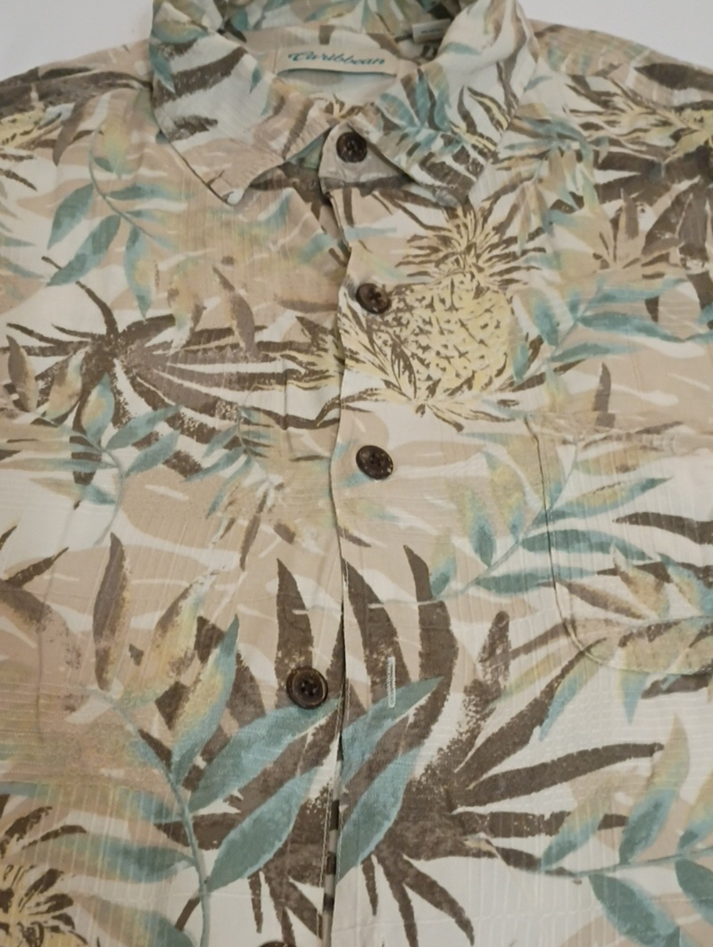 Caribbean Mens Beige Tropical Print Button-Down Shirt Hawain Short Sleeves